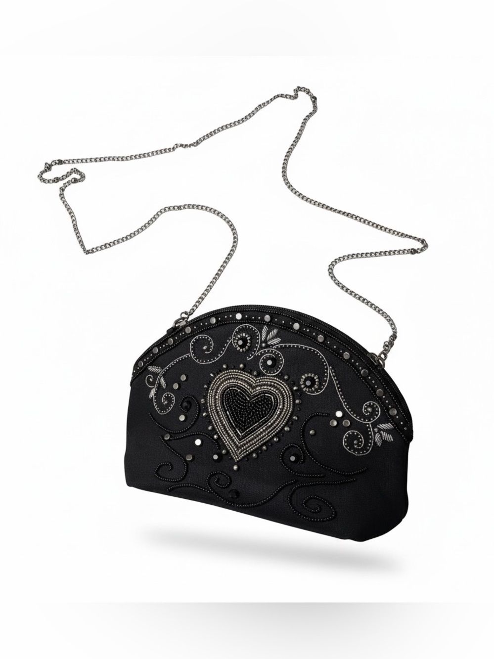 Mary Frances Black Beaded Sequin Heart Small Shoulder Bag Zip Lined Chain NWT